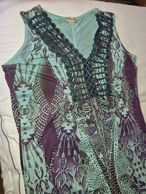 Sleeveless Boho Print Tunic with Crochet V-Neck - Teal & Purple